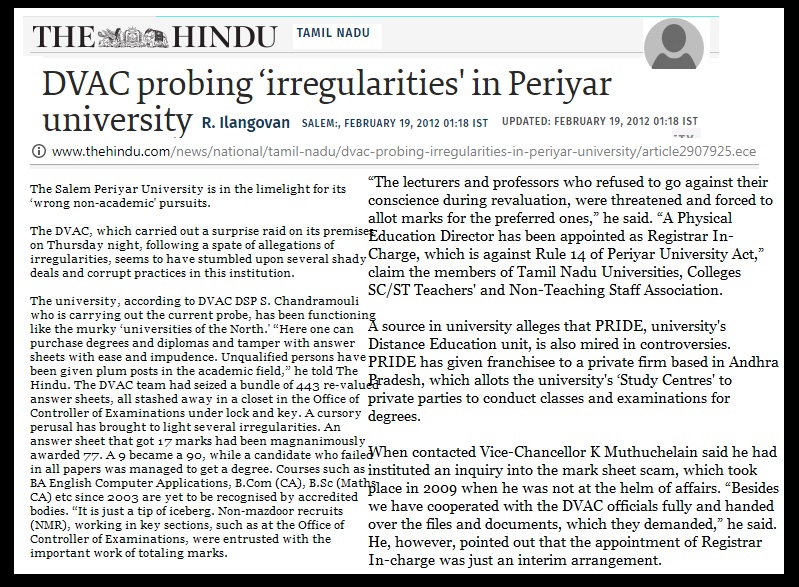 DAVC probing irregularities in Periyar University, 2012, The Hindu