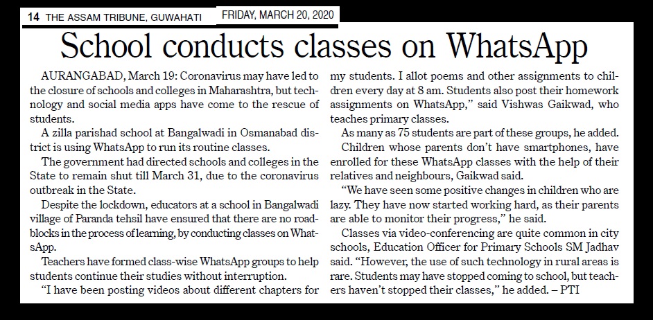 Class conducted through whatsup- assam tribune, - 20-03-2020