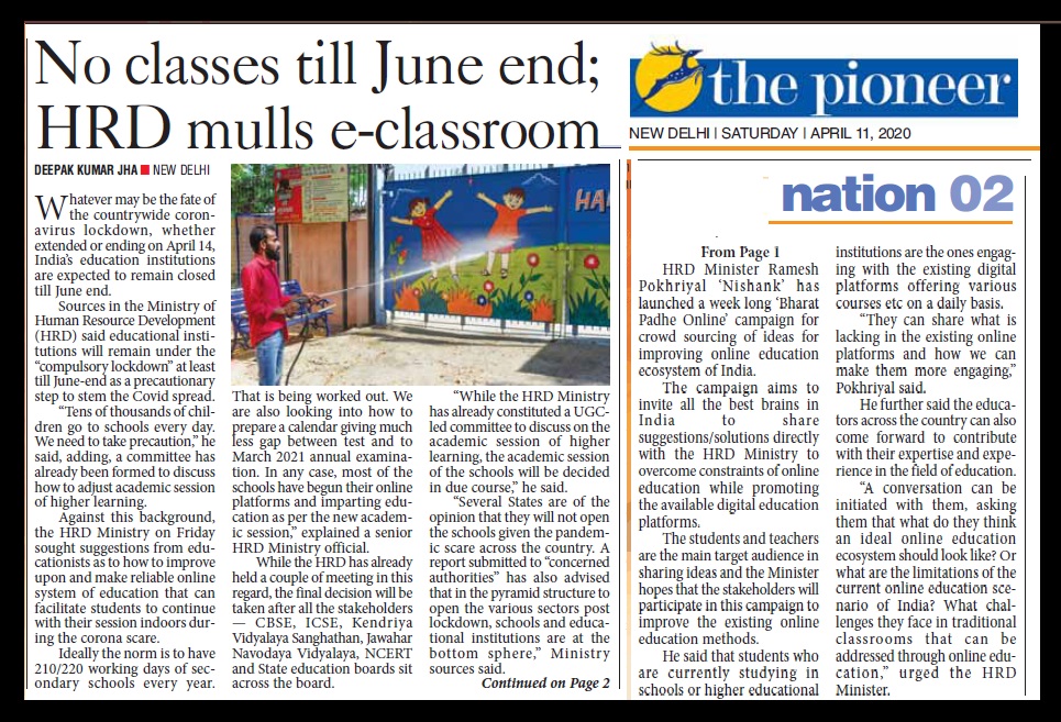 No schools, be at home, The Pioneer, 11-04-2020