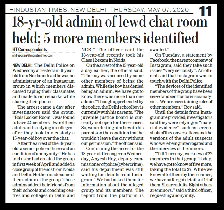 Bois locker Admn arrested, The Hindustan Times, 07-05-2020